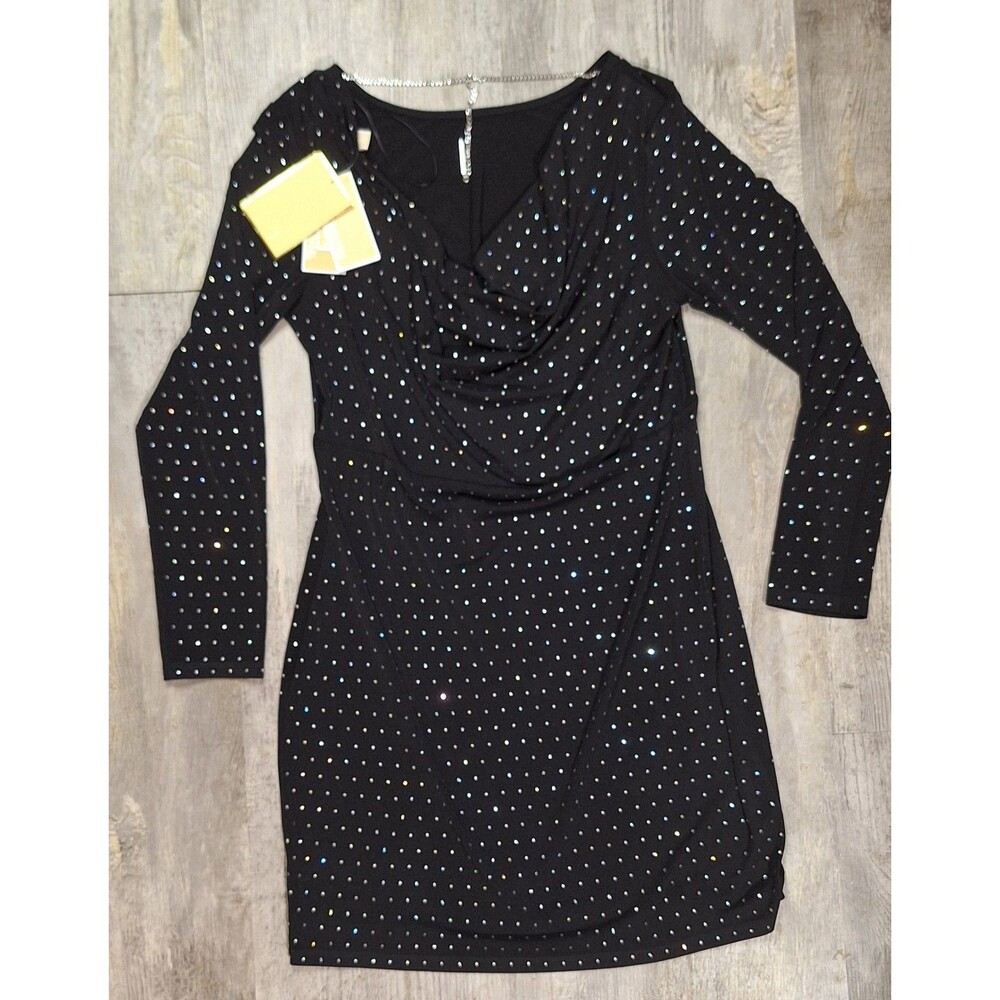 Michael Kors Black Shift Dress L Rhinestone Long Sleeve Stretch Knee Cocktail